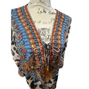 Land & Creation Boho Animal Print Beaded Kaftan Tunic – One Size